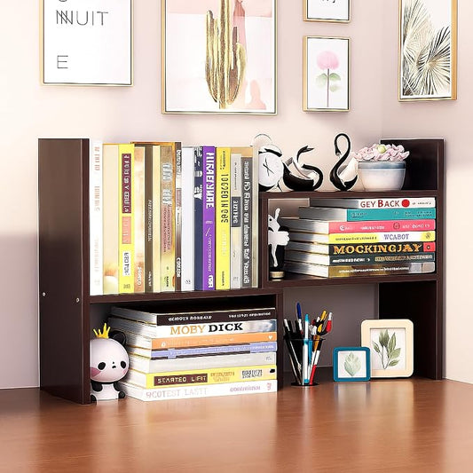 Desktop Shelf Organizer, Adjustable Wood Office Storage Rack, Counter Display Small Bookshelf for Home/Office/School(Dark Walnut)