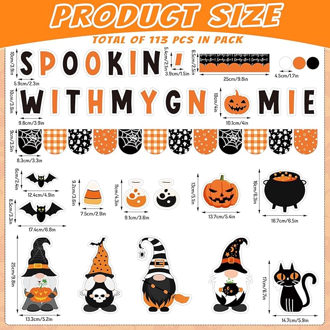 Whaline 113 Pcs Halloween Gnome Bulletin Board Decoration Black Orange Gnome Pumpkin Bats Paper Cutouts with 200 Pcs Glue Points for Holiday Party Home Classroom