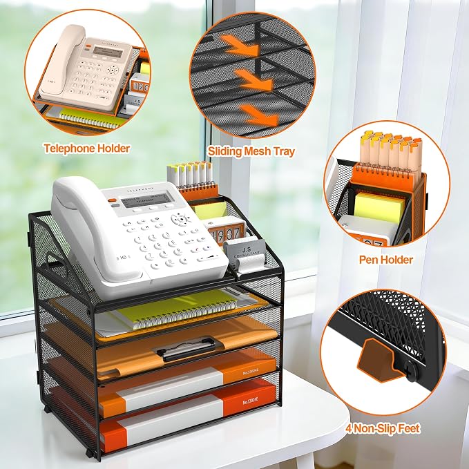 DocNest 5 Tier Metal Mesh Letter Tray - Space Saving Desk File Organizer with Handle, Pen Holder & Folder Holder - Desktop Document Sorter for Office, Home, School, Classroom - Black