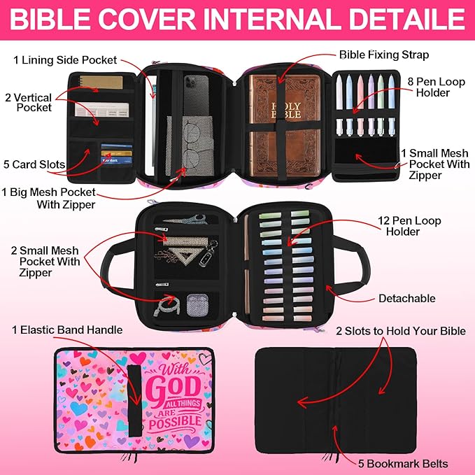 Large Bible Cover for Women,Bible Carrying Case,Bible Bag for Girl Kid,Heart Bible Holder Organizer,With God All Things Are Possible,Bible Study Supplie Kit With Highlighters,Tabs,Pens,Christian Gifts