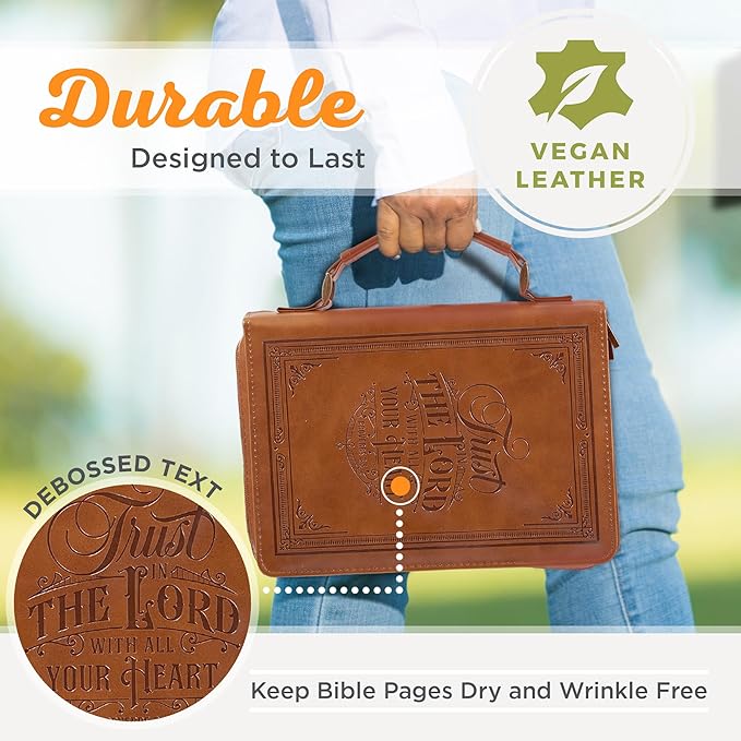 Christian Art Gifts Classic Vegan Leather Bible Cover for Men & Women: Trust in the Lord Inspirational Bible Verse, Sturdy Easy Carry Book Case, Pen Loops, Pockets, Accessory Storage, Brown, Medium