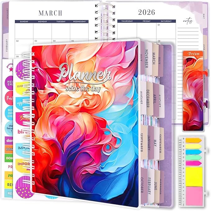 Planner 2026-2027, 18 Months Large Academic Daily Weekly Monthly Planner Organizer, July. 2026 - Dec. 2027, 8.5x9.8" Agenda with Page Tabs, Separator Page, Pocket Folder, Bookmark, Stickers & Sticky Note Set
