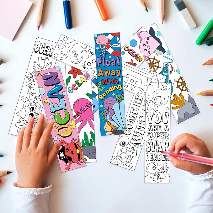 Haooryx Sea Animal Color Your Own Bookmarks - 72Pcs Kids Coloring Blank Bookmarks Creative DIY Book Marker Paper Art Craft Supplies Teachers Students Rewards Reading Enthusiasts Summer Birthday Gifts