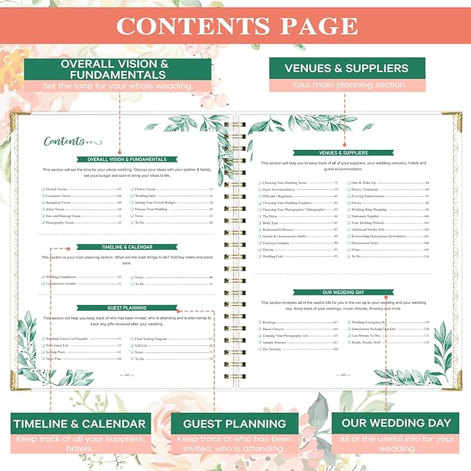 Wedding Planner Book and Organizer - Wedding Planner, Wedding Planners for Bride with 5 Tabbed Sections, 9" x 11.9", Countdown Calendar, Metal Corner, 5 Inner Pockets, Elastic Closure - Floral