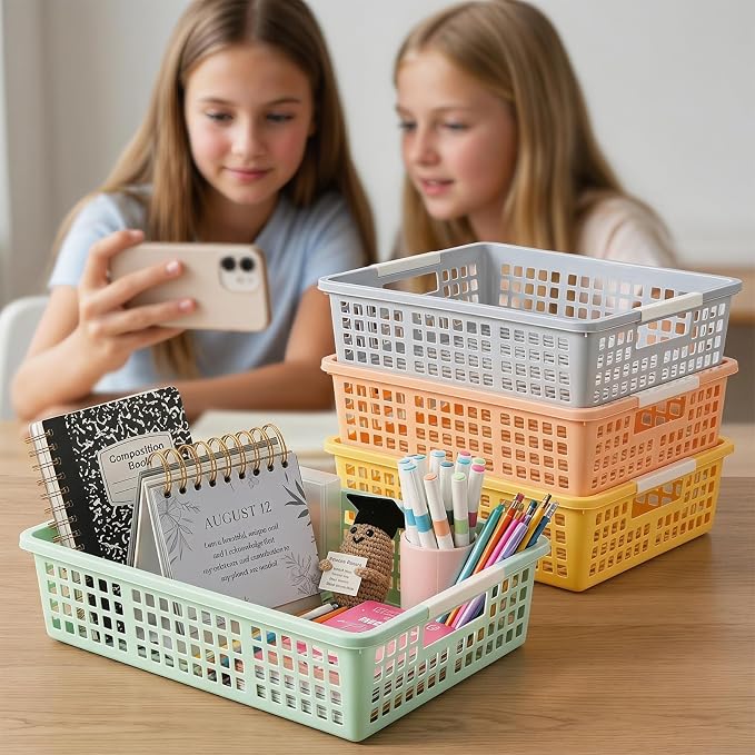 6 PCS Plastic Classroom Turn in Paper Trays Storage Bin Basket Organizers Holds 4A Paper File for School Teacher Supplies Classroom Office Home Organization and Storage Tray (Morandi)