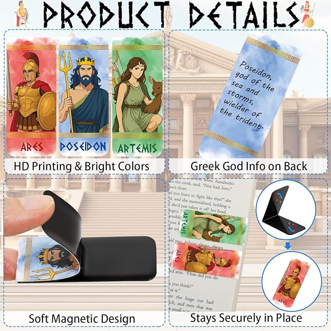 Greek Mythology Magnetic Bookmarks, 30pcs Olympian Gods Magnetic Page Clips Bookmarks, Greek Gods Page Marker Clips, Htabiol Greek Mythology Gifts, Suit for Percy Jackson Party, Camp Half Blood Party