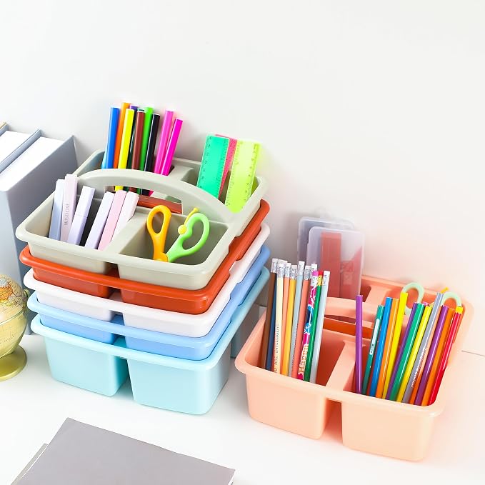 Lineshading 12 Pack Plastic Classroom Caddy - 4 Compartment Organizer Boho Color Table Caddy with Handles for School Home Office Supplies