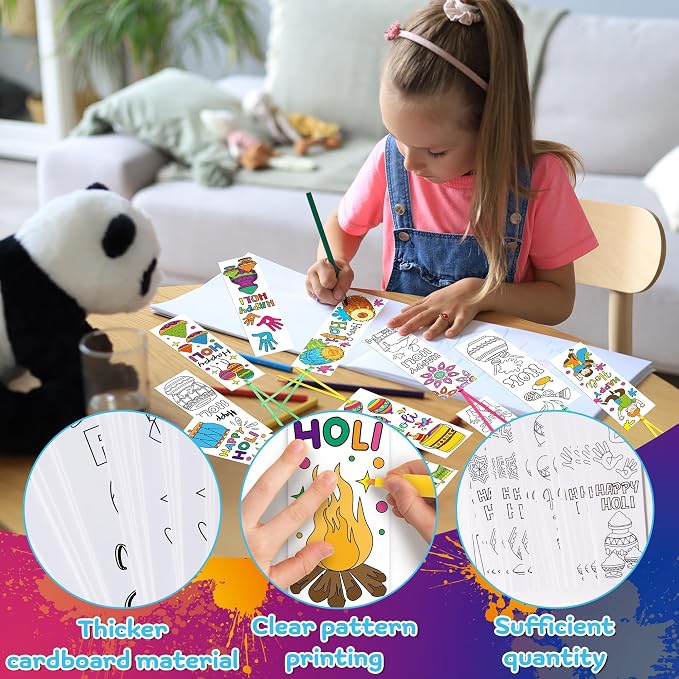 ANGOLIO Holi Coloring Your Own Bookmarks - 123Pcs Happy Holi Coloring Bookmarks DIY Blank Reading Page Holder for Indian Festival Holiday, Religious Students Rewards Party Goodie Fillers Supplies