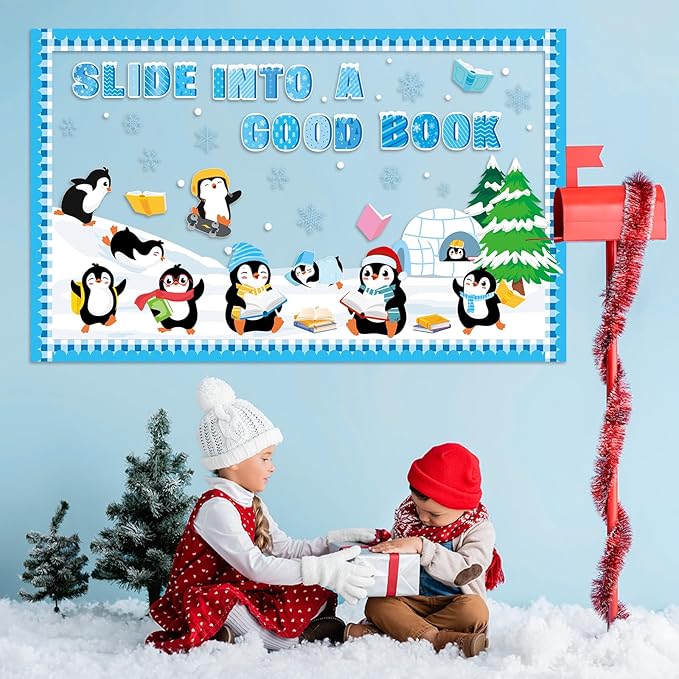 Winter Penguin Reading Bulletin Board Set Winter Christmas Library Classroom Decorations Books Snowflake Paper Cutout Blue Bulletin Board Border for Xmas Holiday School Wall Decor Teacher Supplies