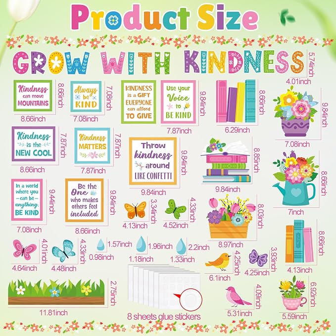 Qilery Grow with Kindness Bulletin Board Set Spring Classroom Decorations - Motivational Reading Posters for Teachers Elementary School Library Wall Decor Flower Book Cutouts for Kindness Week Display