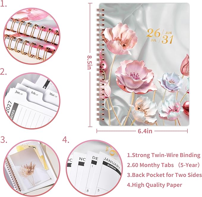 2026-2031 Monthly Planner - 5 Year Planner/Calendar, 5 Year Planner 2026-2031, Spiral Bound, Jul. 2026 - Jun. 2031, 6.4" x 8.5" Planners with Tabs, 60 Month Calendar, Two-Side Pocket - Pink Flower