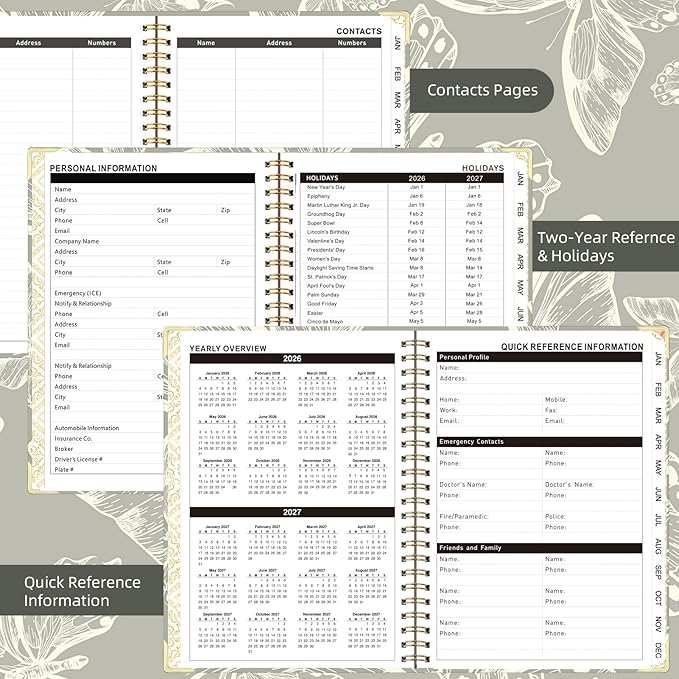 2026 Planner, Jan.2026 - Dec.2026 Planner Weekly and Monthly 6.25"x8.5" with Page Tabs, Calendar Hardcover with Inner Pocket, Elastic Band, Twin-Wire Binding, Bookmark, Gray Butterfly
