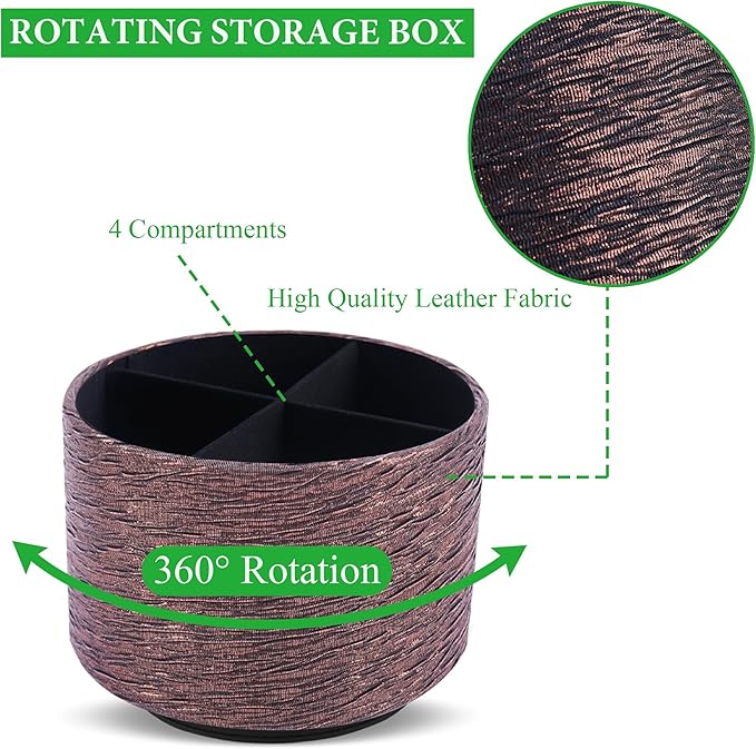 Round Leather Art Supply Organizer,Remote Control Holder,360-degree Rotating Pen Organizer with 4 Compartments(1-Light Tree Brown)