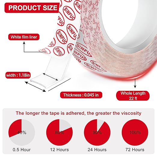 Sinfuo Double Sided Tape Heavy Duty, Removable Nano Double Sided Adhesive Tape(22Ft), Removable Damage Clear Mounting Tape Picture Hanging Adhesive Strips