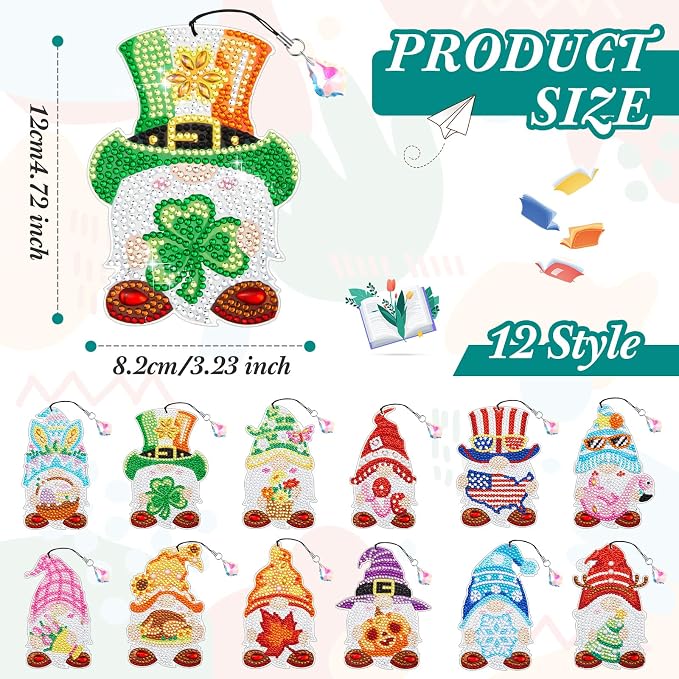 Tenceur 12 Pcs Gnome Diamond Art Kit for DIY Holiday Seasonal Gnome Crystal 5d Diamond Painting Bookmarks Rhinestone Kits for Reading Lover Home Fall Halloween DIY Crafts Gifts Decorations