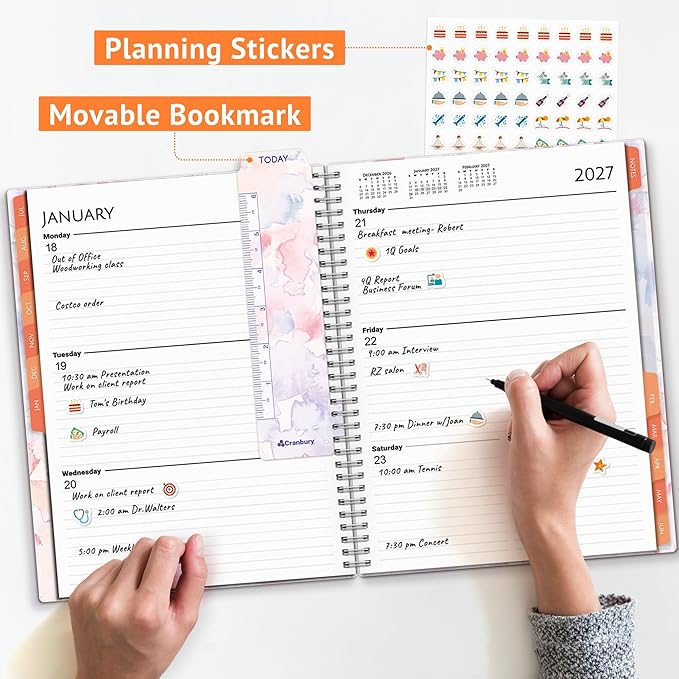 CRANBURY 2026-2027 Academic Large Planner 8.5 x 11, July 2026 to June 2027, Watercolor Theme, Planning Book, Monthly Tabs, Movable Bookmark, Stickers