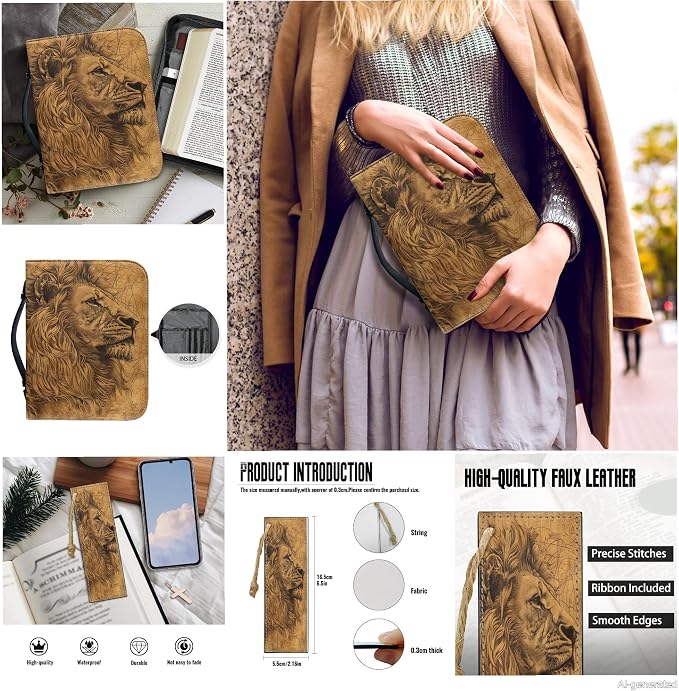 Lotusorchid Lion Print Church Bible Bag for Men, PU Leather Protective Bible Tote Bag Bible Cover Bags with 2 Bookmark, Bible Book Covers for Bible Carrying Organizer Bag, Brown, Size 2XL