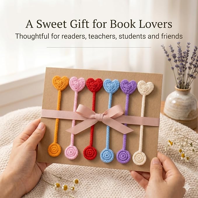 6 Pack Heart Shaped Crochet Bookmarks,Handmade Knitted Heart Shaped Book Marker for Women Personalized Book Marks for Reading Men, Book Lover Teacher Kids Birthday Gift,Cute Unique Bookmarks