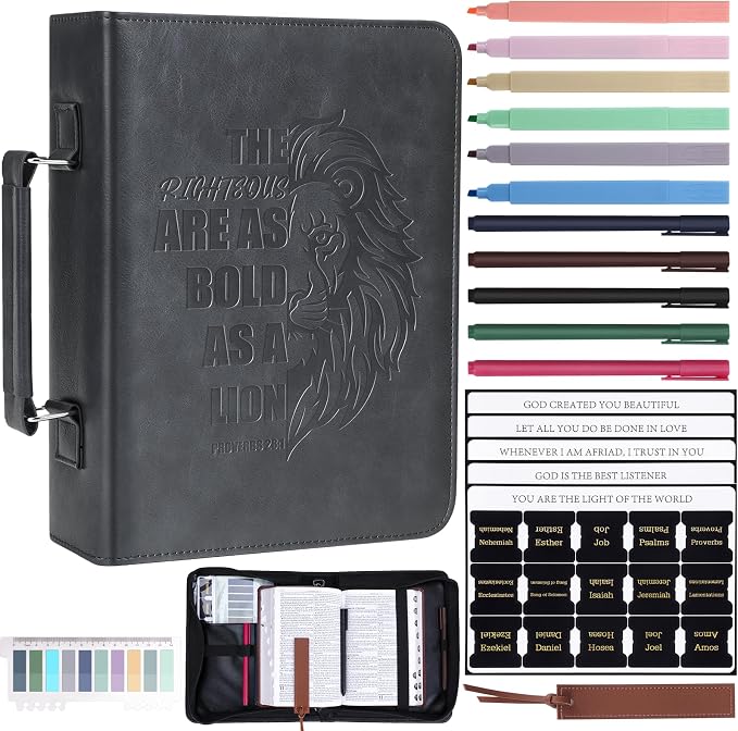 XKDOUS 20 Pcs Leather Bible Cover Case Kit Men's Bible Bag with Tabs, Pens, Study Supplies Portable Carrier Church Book Holder Christian Gift Father Day for Dad, Mom, Men, Women