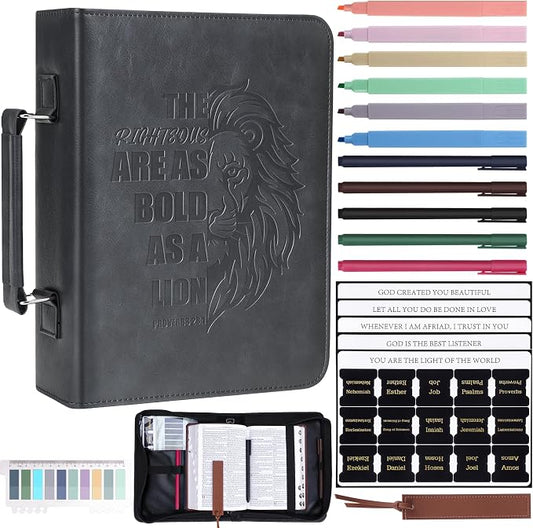 XKDOUS 20 Pcs Leather Bible Cover Case Kit Men's Bible Bag with Tabs, Pens, Study Supplies Portable Carrier Church Book Holder Christian Gift Father Day for Dad, Mom, Men, Women