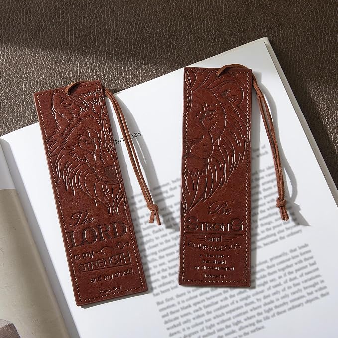 2 Pcs Wolf Lion Leather Bible Bookmark, Christian Bookmarks Gifts for Men Book Marks for Reading Men (Brown)