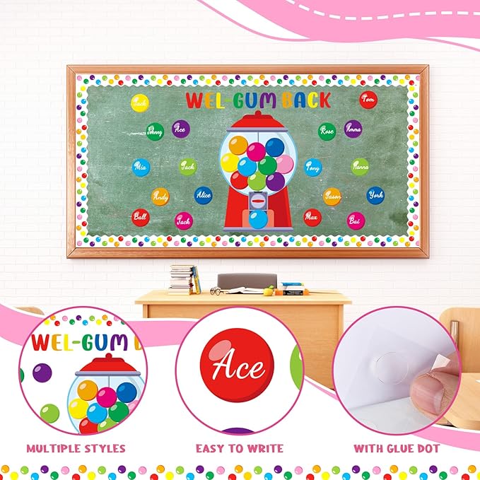 Gilprop 100 Pcs Gumball Machine Bulletin Board Decoration Set Colorful Bubble Gumballs Borders Cutouts for Back to School Classroom Welcome Candy Theme Chalkboard Wall Decor