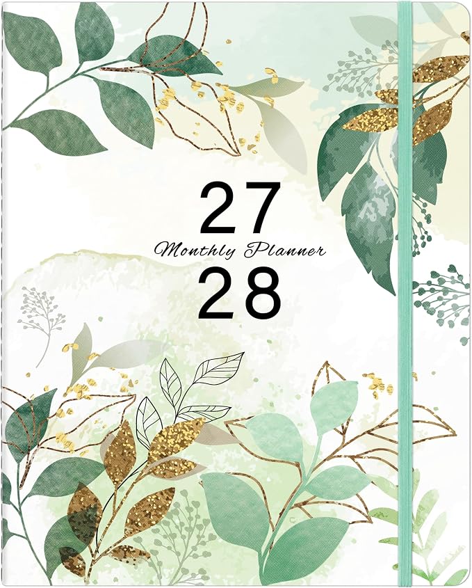 2027-2028 Monthly Planner, 2 Year Calendar Planner, Jan 2027 - Dec 2028, 8.3'' x 11'', 24 Months, Embossed Cover, with Printed Tabs ＆Pocket, Elastic Closure, Organizer for Office Home School, Green