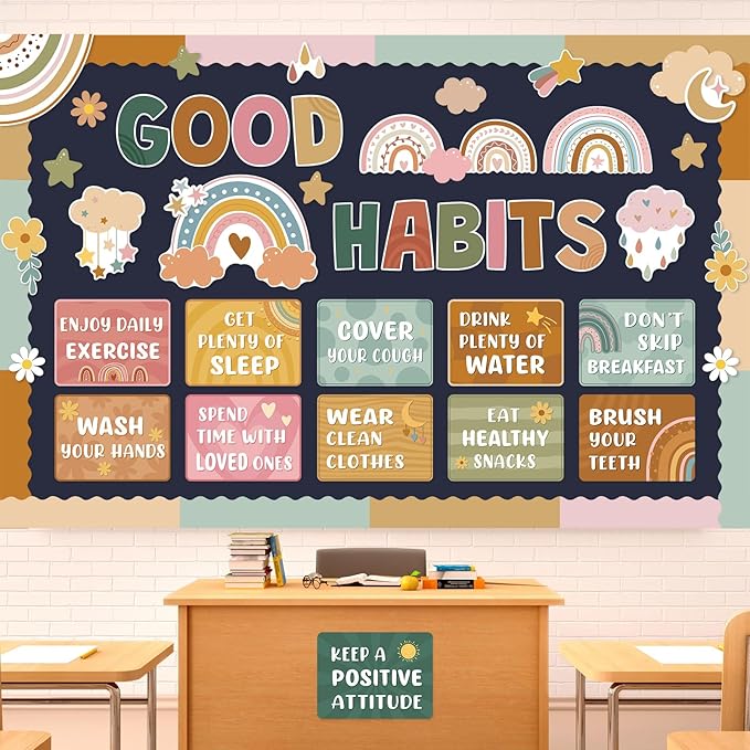 Ctosree 60 Pcs Boho Healthy Bulletin Board Decorations Set Healthy Habits Poster Rainbow Flower Good Habits Cutouts for Teacher Classroom School Office Chalkboard Wall Supply