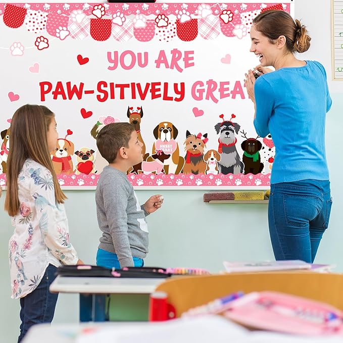 JarThenaAMCS 73Pcs Valentine's Day Pet Dog Bulletin Board Decoration Set Cute Puppy Heart Theme Cutouts for Classroom Wall Decor Wedding Anniversary Supplies