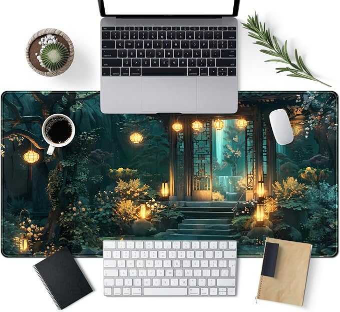 Lofi Desk Mat Japanese Large Mouse Pad Extended Gaming Mousepad XXL Computer Laptop Keyboard Pad Big Mouse Mat Green Aesthetic Desk Pad Office Decor 31.5x15.7 in