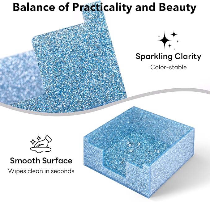 Sparkling Sticky Note Holder, Glitter Acrylic Organizer, 3.94 x 3.94 in Multi-Use Tray for Office, School & Home Desk (Blue)