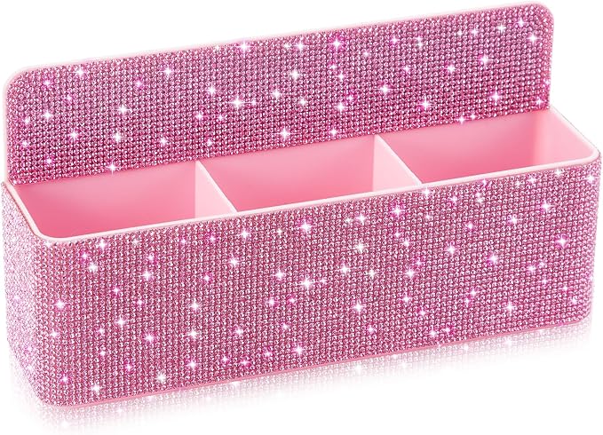 MotiMind Pink Locker Accessories for Girls, Bling Magnetic Pen Holder for Refrigerator, Back to School Rhinestone Marker Holder for Locker, Sparkly Gift for Student (Large,Rhinestone)