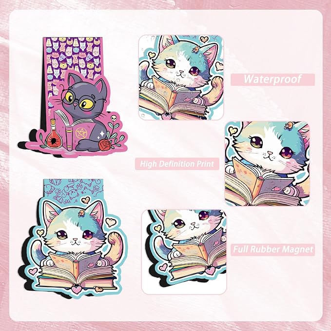Cat Magnetic Bookmarks, 12 Pcs Cute Kawaii Cat Book Markers Page Clips, Office Desk Accessories for Women Book Lovers