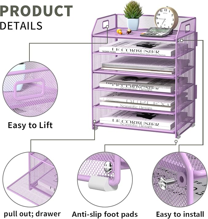 6 Trays Paper Organizer Letter Tray with Pull-Out Drawer, Assembled Mesh Desk File Holder, Metal Paper Sorter for Office Documents, Purple