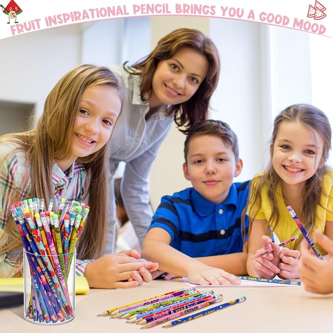 Ctosree 60 Sets Inspirational Pencils and Fruit Scented Bookmark Sets Positive Graphite Pencils Bulk Scratch and Sniff Book Marks Motivational Gifts for Kids Students Classroom Prizes Party Favors