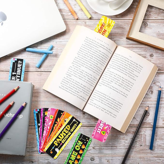 Outus 50 Video Game Bookmarks for Gamer Birthday Party, Pixelated Bookmarks for Pixelated Treat Bag Video Game Party Decoration Paper Tag Card Classroom Awards Teacher