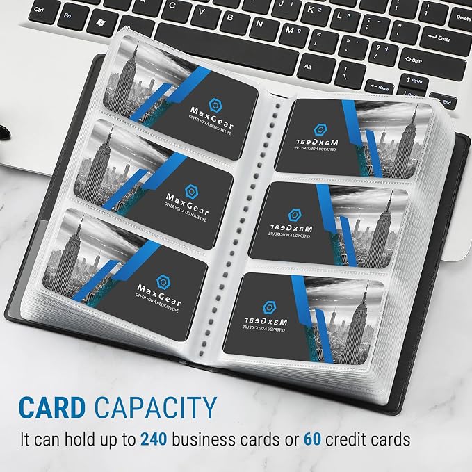 MaxGear Business Card Organizer Book, Holds 240 Cards, Portable PU Leather Business Card Holder with Clear Sleeves, Professional Card Binder for Office, Meetings, Networking, Black