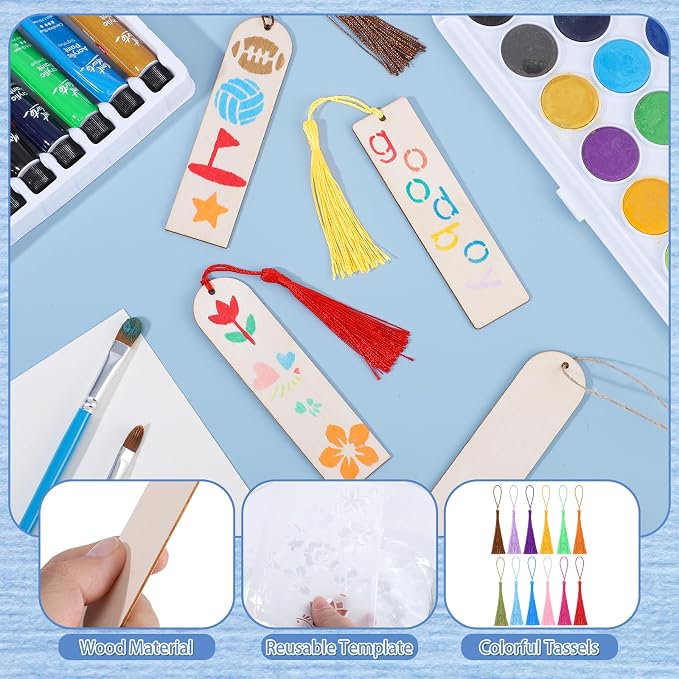 126PCS Bookmark Making Kit, 60 PCS Unfinished Wood Bookmarks with 60 PCS Colorful Tassels 5 Templates Craft and 1 Rope for DIY Crafts, Painting, Father's Day Gift, Birthday Party
