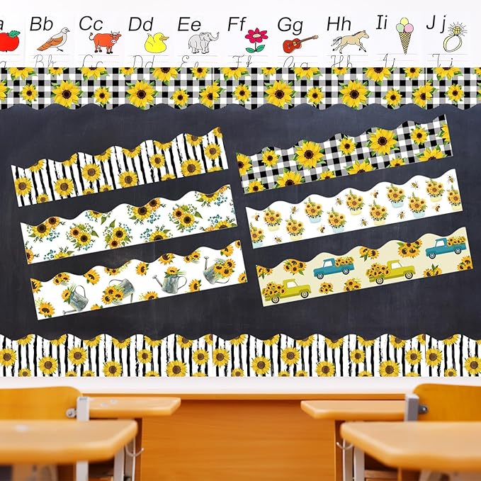 75Ft Sunflower Bulletin Board Border Decoration Sets, Summer Back to School Classroom Decor Floral Scalloped Trim Bulletin Border Sunflower Decor for Classroom Home Office Chalkboard Wall Door Window