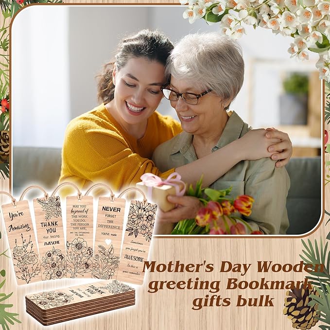 Resurhang 50 Pcs End of Year Classroom Gifts Bulk Wood Inspirational Bookmarks with Floral Encouraging Team Thank You Gift for Women Employee Coworker Paraprofessional Colleagues Teachers
