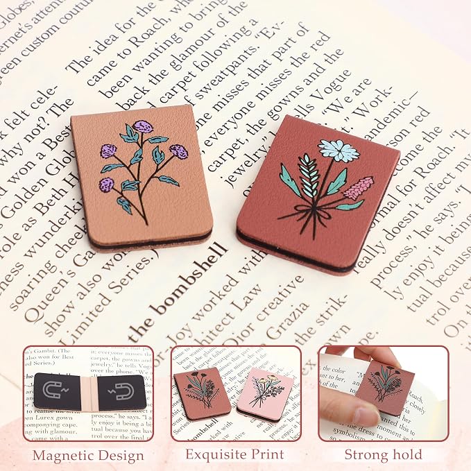 Hsei 6 Pcs Magnetic Leather Bookmark Floral Magnet Leather Book Marker Clips Accessory Women Flower Cute Reading Gifts for Bookworm Lovers Mother's Day Birthday Teacher's Appreciation Gift(Pink Brown)