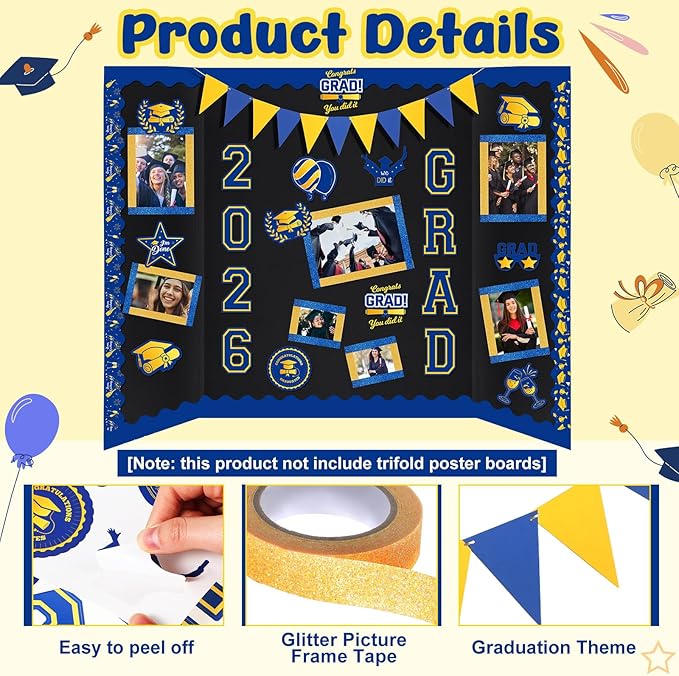 31 Pcs Graduation Photo Poster Board Decor Set Include 28 Sheets Graduation Themed Stickers 2 Rolls Picture Frame Tape 1 PC Banner for 2026 Grad Party College Board Photo Frame Decor(Blue)
