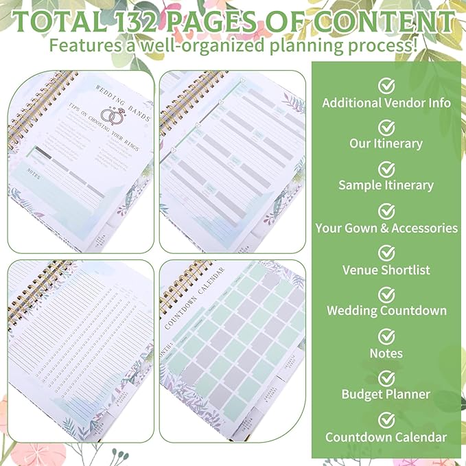 Wedding Planner Book and Organizer for Brides, 9.6 x 11 Inch Planning Binder with Countdown Calendar, Budget Sheets, Checklist, Floral Engagement Diary & Gift for Newly Engaged Couples