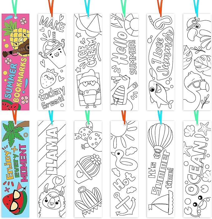 Haooryx Color Your Own Summer Bookmarks - 72Pcs Bulk Kids DIY Coloring Blank Bookmarks Summer Theme Book Marks for Teacher Student Classroom Rewards Supplies Paper Art Craft Kit Party Gift Bag Fillers