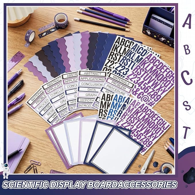 Sinload 92 Pcs Science Fair Board Supplies 60 Trim Scalloped Poster Boards 18 Presentation Subtitles 6 Project Titles 8 Letter Sticker for Classroom Display Boards (Purple,Space)