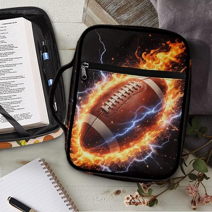 Coldinair Football Fire Lightenting Bible Cover Case for Kids Boys,Carrying Book Cover Bible Holders with Handle and Zippered Pocket,Fits for Standard/Large Size Bible