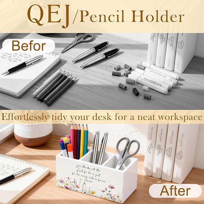 Wildflower Bible Verse Pen Holder for Desk, Christian Gifts for Women, Give thanks to the Lord Christian Wooden Box Pencil Pen Organizer for Home Office Desk Tabletop