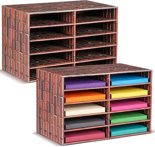 Dispowreath 2 Pack 10 Slots Construction Paper Storage, Classroom Mailboxes, Back to School Literature Cardboard Paper Organizer for Teacher, Office, 19.7 x 12.4 x 11.8 Inches (Red and Brown,Brick)