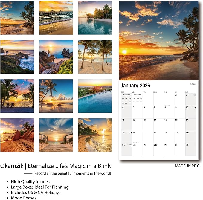 2026 Wall Calendar Planner Calendar - Sunset On The Beach Hangable Monthly Wall Calendar with Large Blocks for Organizing & Planning, Academic Schedule, Home, Office & family, Thick & Sturdy Paper