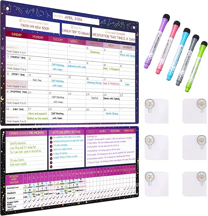 Magnetic Whiteboard for Fridge - Large Dry Erase Calendar for Wall | 2 Magnetic Dry Erase Board 10.5" x 16.5" & 7" x 16.5", Monthly Goal Setting & Habit Tracker, 5 Markers and 6 Adhesive Hooks